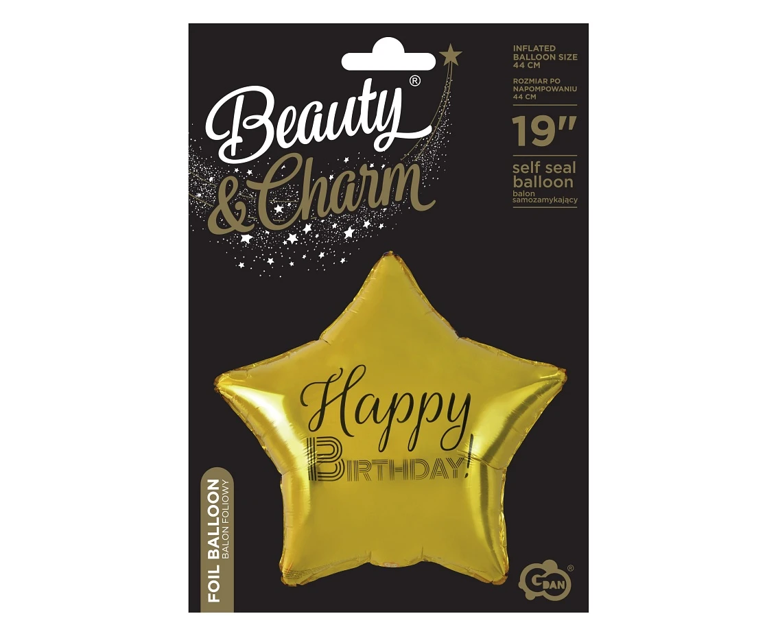 Balon foliowy Happy Birthday, gwiazda złota, nadruk czarny, 19" KK