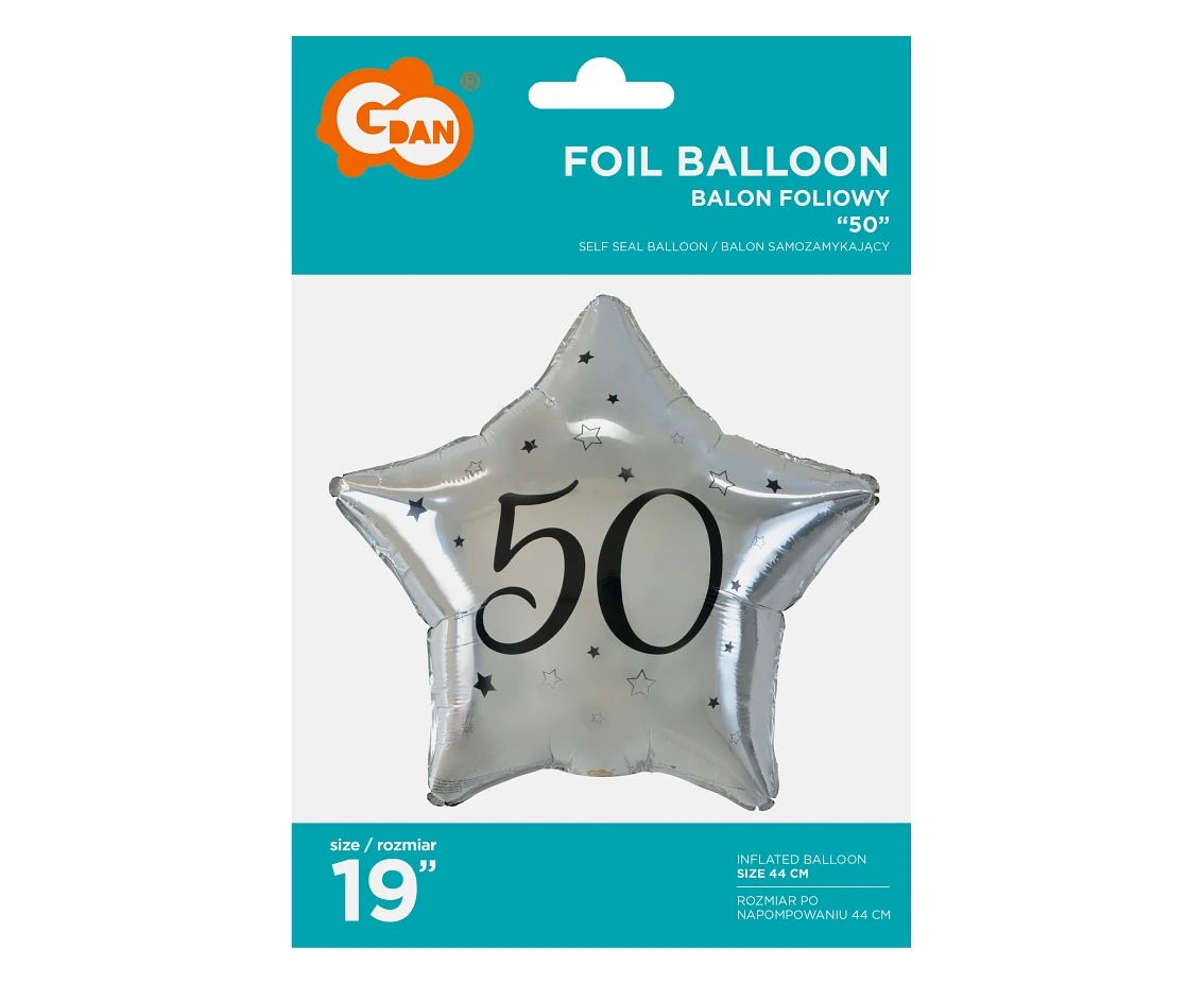Balon foliowy "50" gwiazda srebrna, nadruk czarny, 19" KK