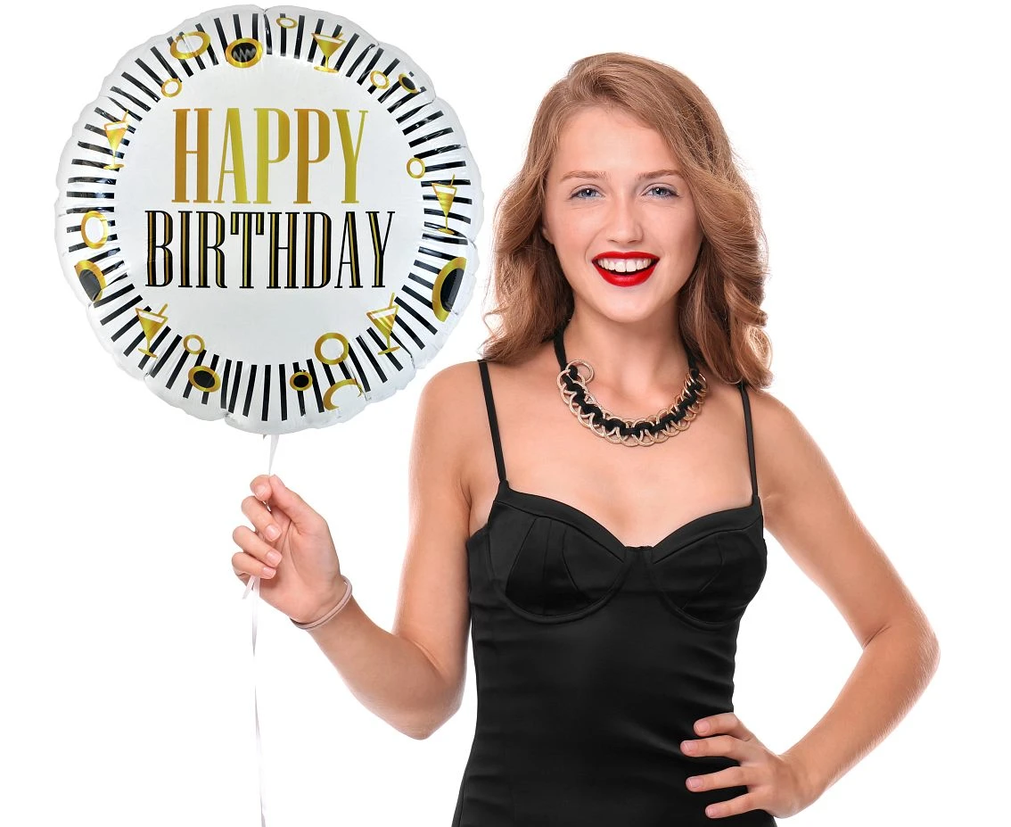 Balon foliowy Happy Birthday (B&G Party), paski, okrągły 18 cali KK