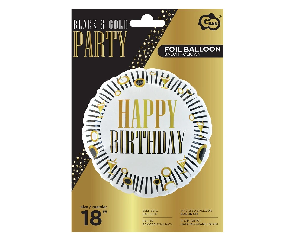 Balon foliowy Happy Birthday (B&G Party), paski, okrągły 18 cali KK