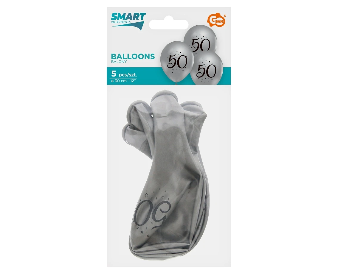 Balony 50, srebrne, 12"/ 5 szt. KK