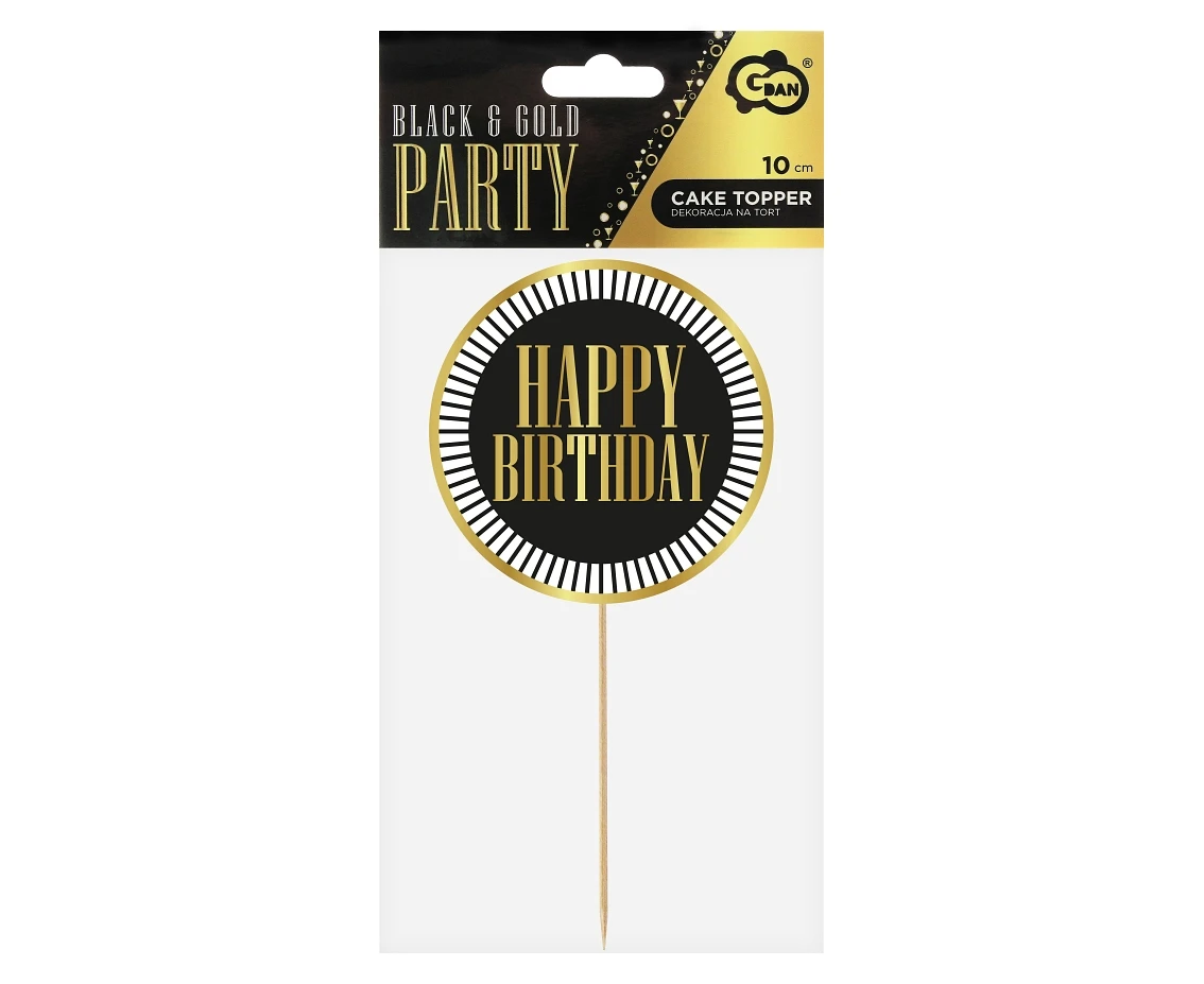 Dekoracja pap. na tort B&G Party - Happy Birthday, czarna, paski, 10 cm
