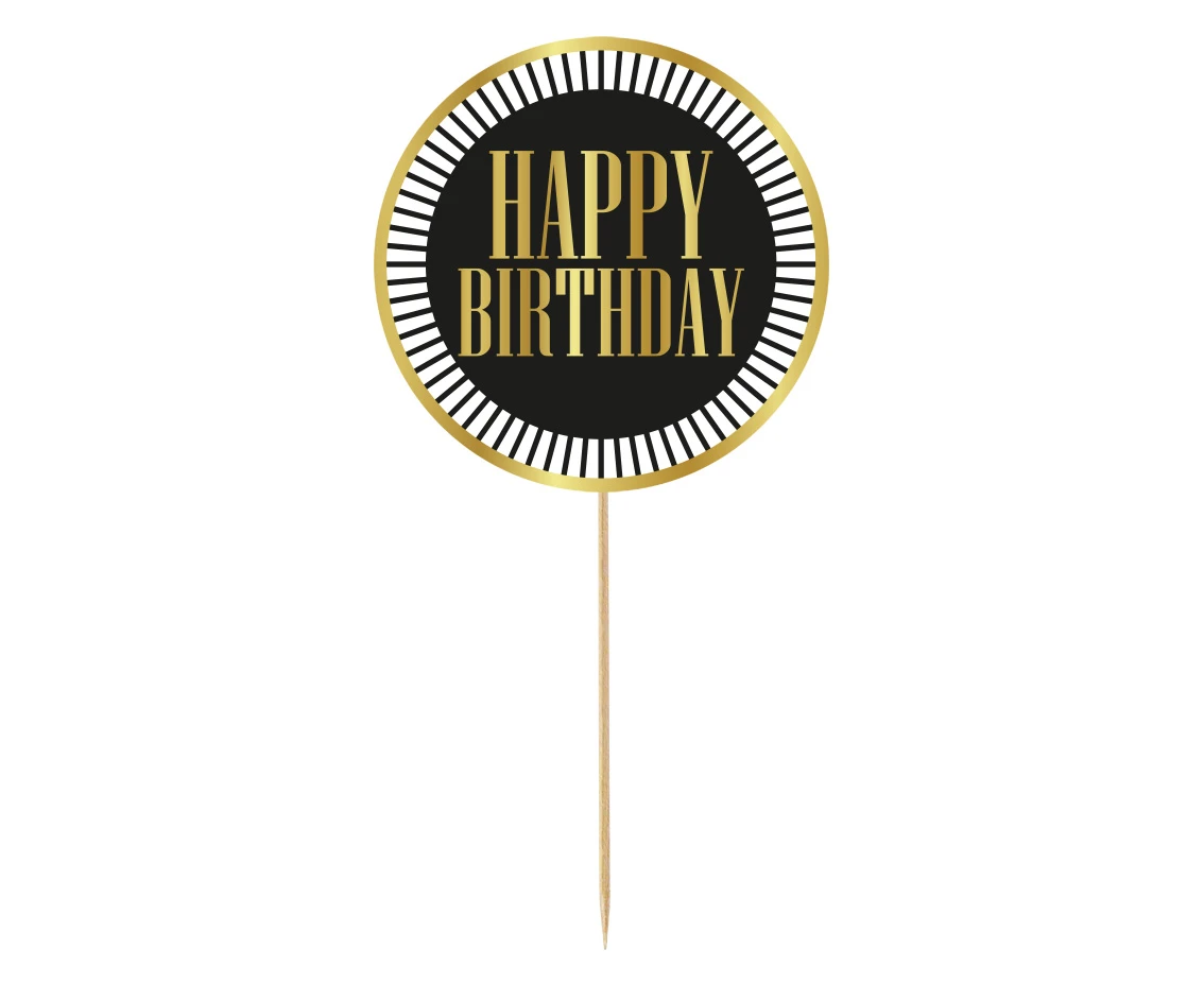 Dekoracja pap. na tort B&G Party - Happy Birthday, czarna, paski, 10 cm