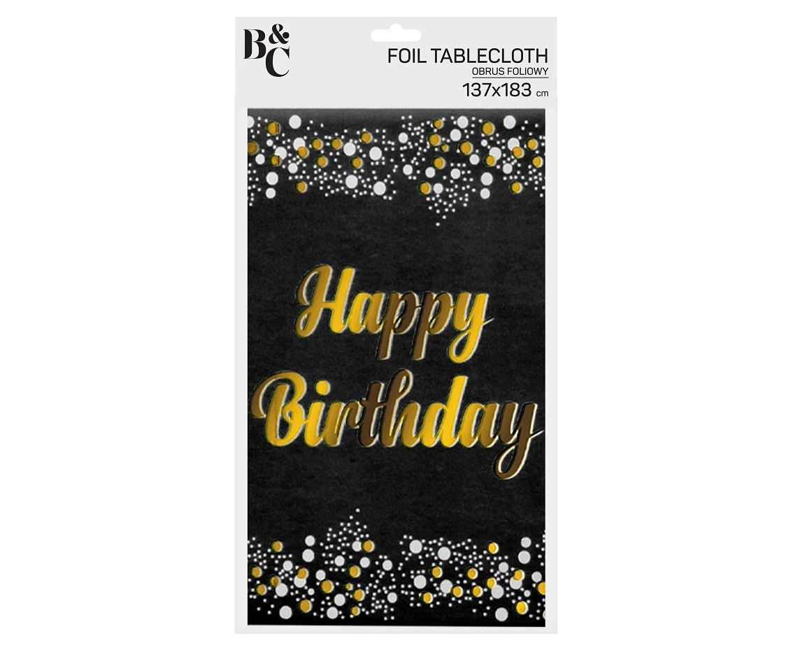 Obrus foliowy B&C Happy Birthday czarny, 137x183 cm