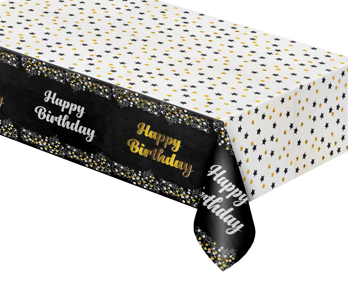 Obrus foliowy B&C Happy Birthday czarny, 137x183 cm