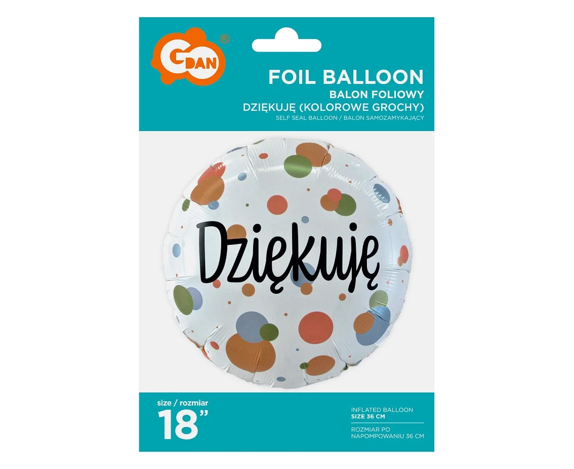 Balon foliowy 18" Dziękuję (kolorowe grochy) KK