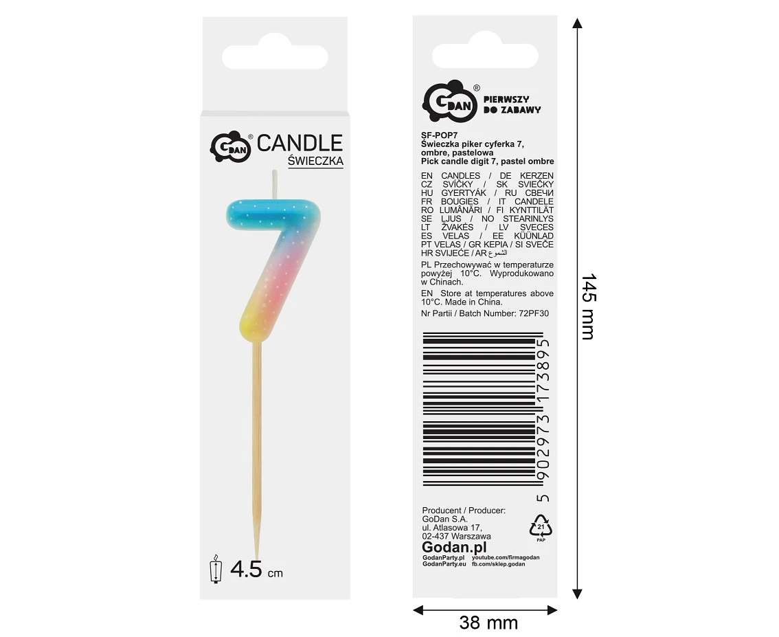 Świeczka piker cyferka 7, ombre, pastelowa KK