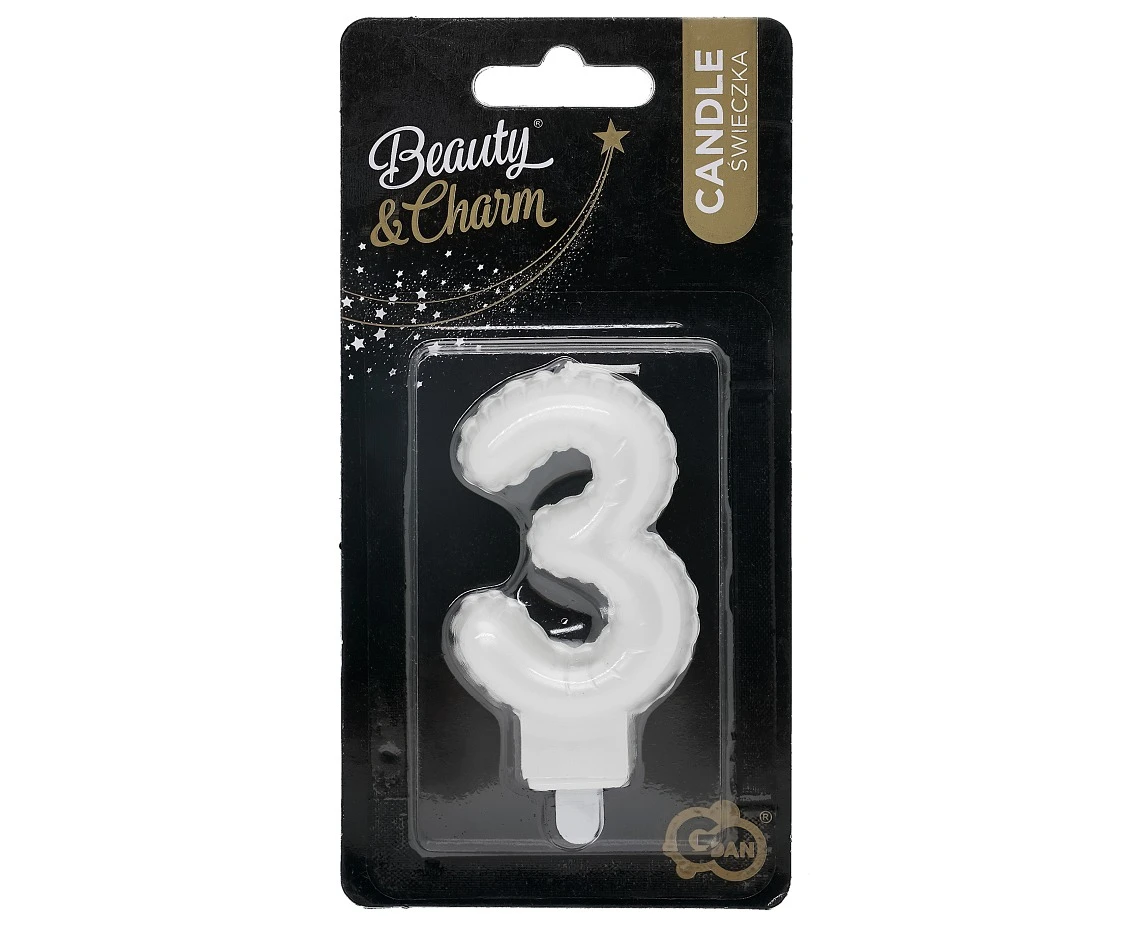 Świeczka B&C cyferka 3, perłowa biała, 7 cm KK