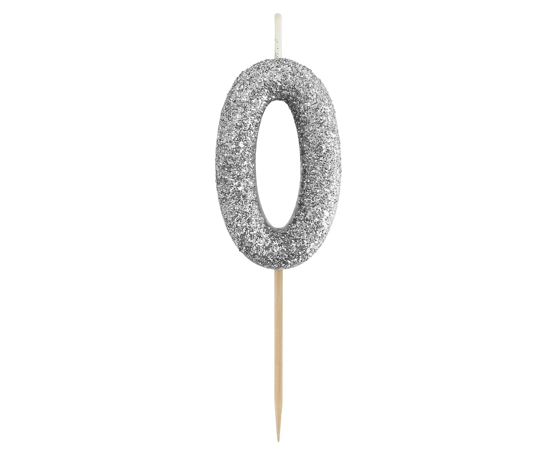 Świeczka piker B&C cyferka 0, srebrny bio brokat, dł. całkowita 11,5 cm
