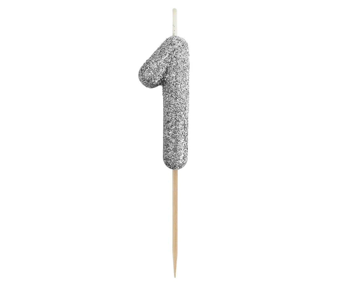 Świeczka piker B&C cyferka 1, srebrny bio brokat, dł. całkowita 11,5 cm