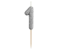 Świeczka piker B&C cyferka 1, srebrny bio brokat, dł. całkowita 11,5 cm