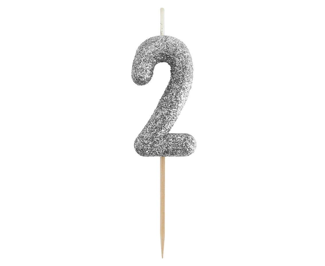 Świeczka piker B&C cyferka 2, srebrny bio brokat, dł. całkowita 11,5 cm
