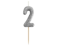 Świeczka piker B&C cyferka 2, srebrny bio brokat, dł. całkowita 11,5 cm