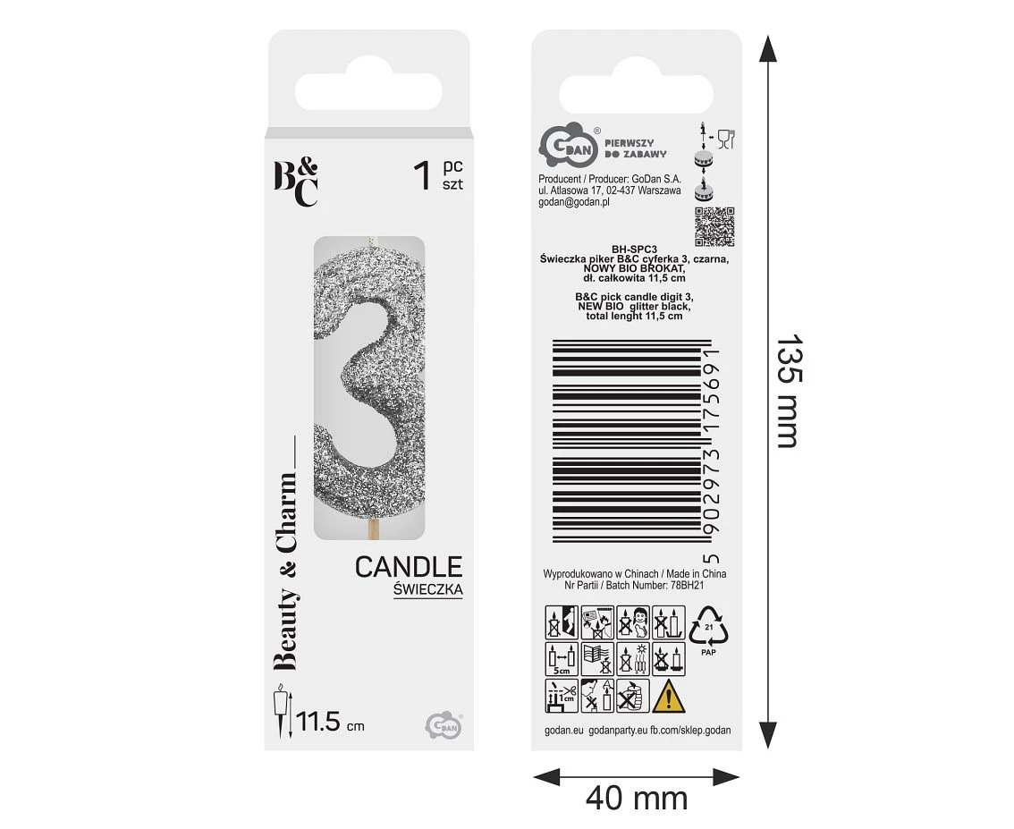 Świeczka piker B&C cyferka 3, srebrny bio brokat, dł. całkowita 11,5 cm