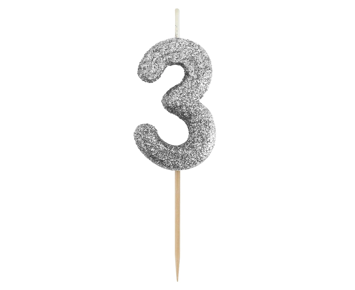 Świeczka piker B&C cyferka 3, srebrny bio brokat, dł. całkowita 11,5 cm