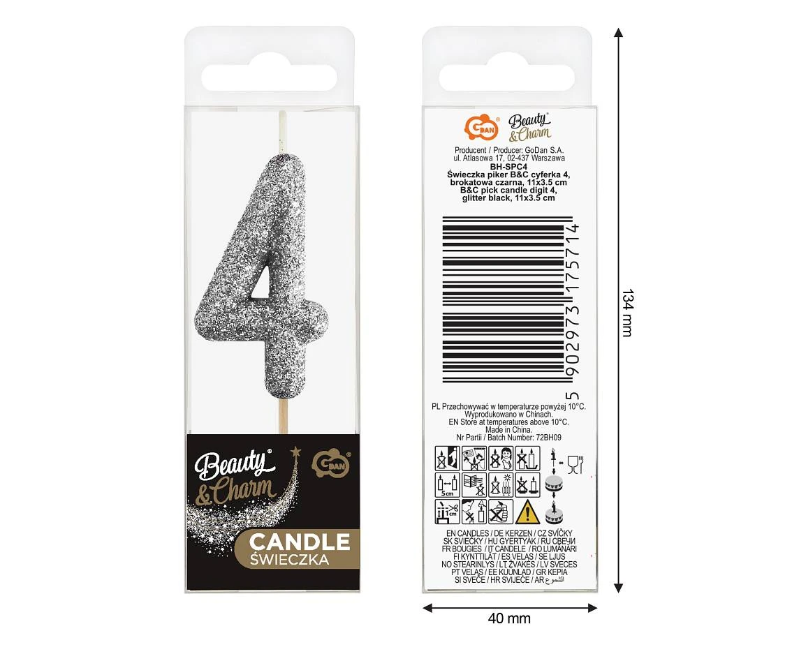 Świeczka piker B&C cyferka 4, srebrny bio brokat, dł. całkowita 11,5 cm