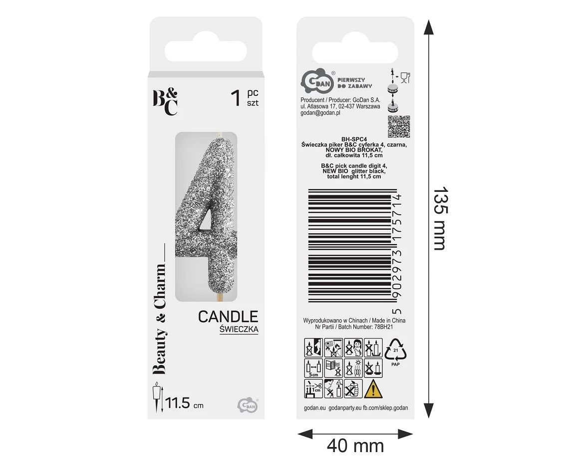 Świeczka piker B&C cyferka 4, srebrny bio brokat, dł. całkowita 11,5 cm