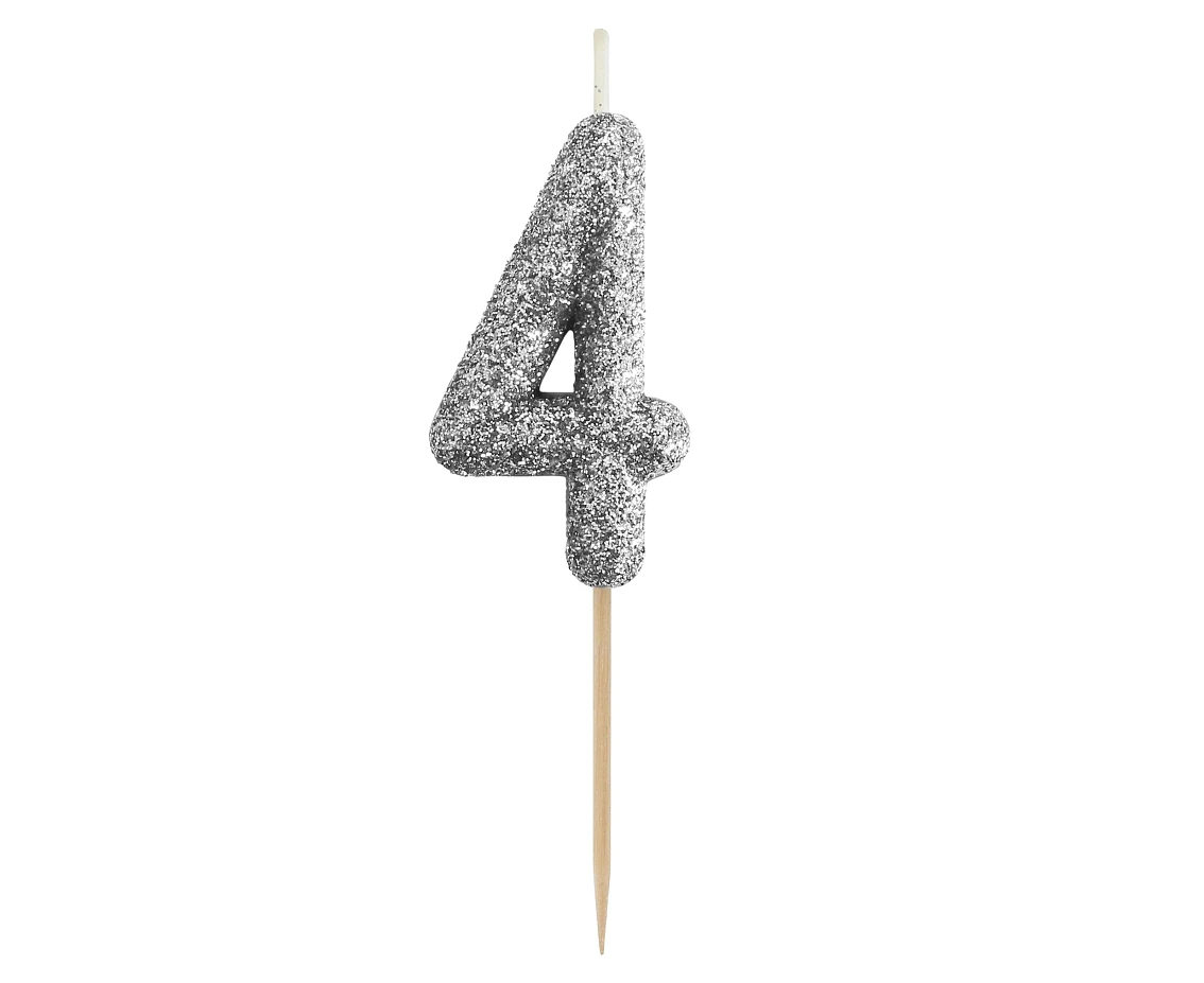 Świeczka piker B&C cyferka 4, srebrny bio brokat, dł. całkowita 11,5 cm