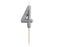 Świeczka piker B&C cyferka 4, srebrny bio brokat, dł. całkowita 11,5 cm