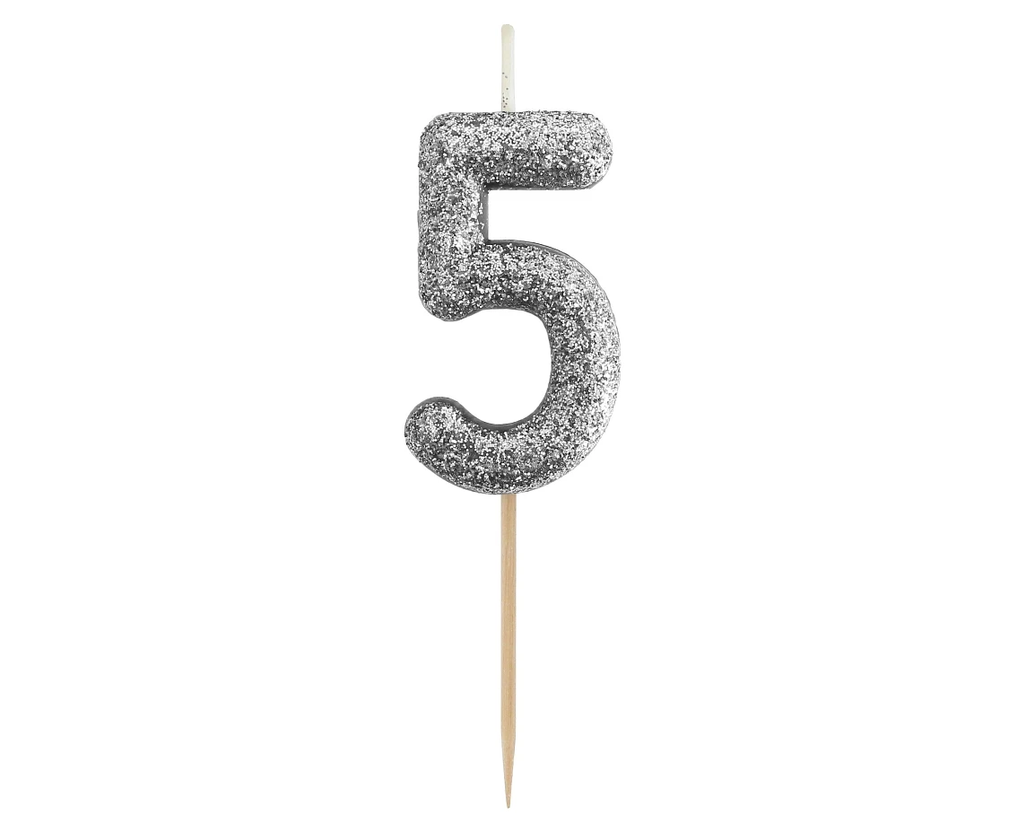 Świeczka piker B&C cyferka 5, srebrny bio brokat, dł. całkowita 11,5 cm