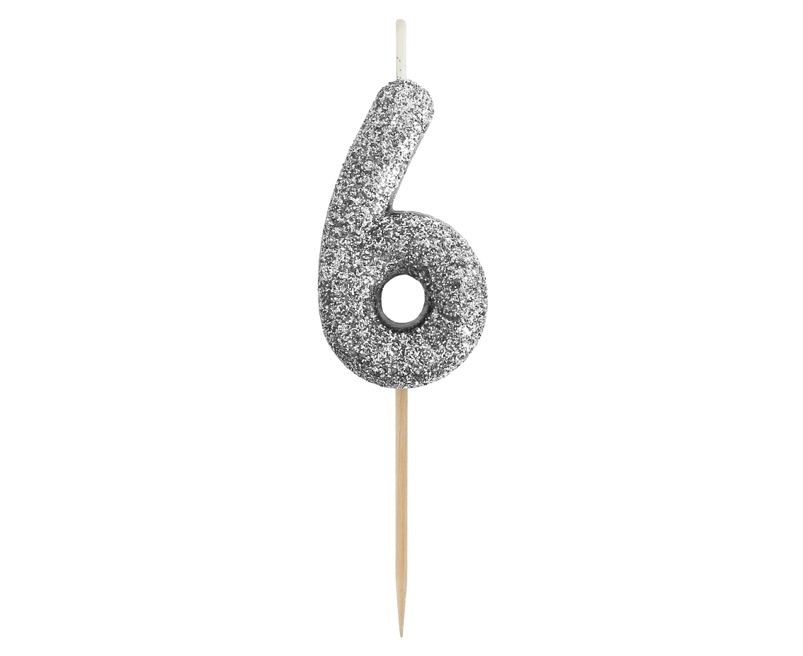 Świeczka piker B&C cyferka 6, srebrny bio brokat, dł. całkowita 11,5 cm