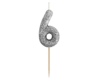 Świeczka piker B&C cyferka 6, srebrny bio brokat, dł. całkowita 11,5 cm