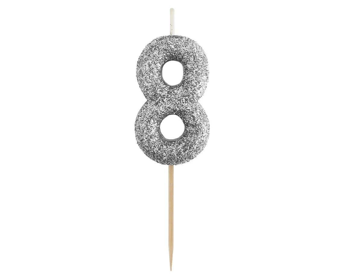Świeczka piker B&C cyferka 8, srebrny bio brokat, dł. całkowita 11,5 cm