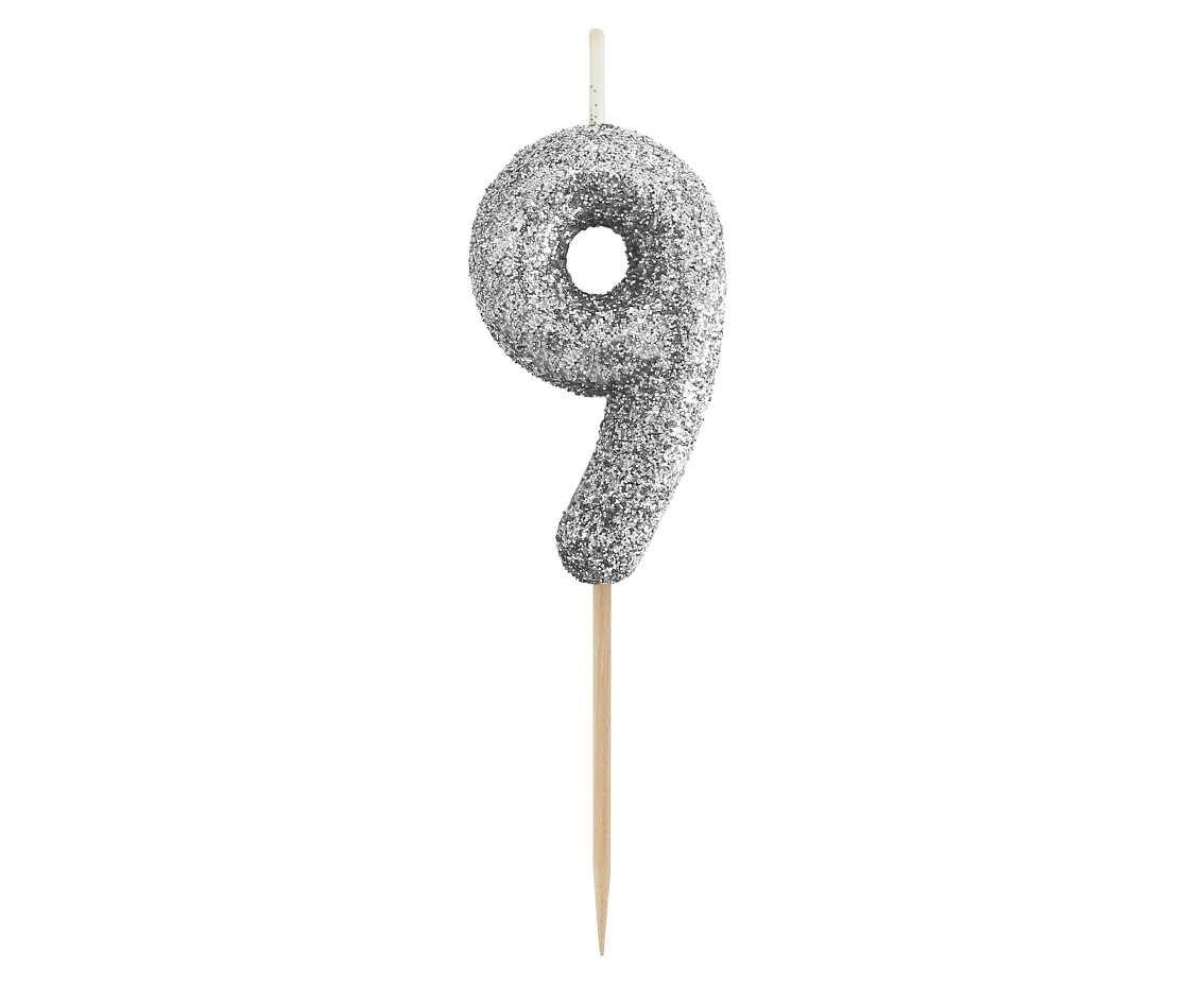 Świeczka piker B&C cyferka 9, srebrny bio brokat, dł. całkowita 11,5 cm