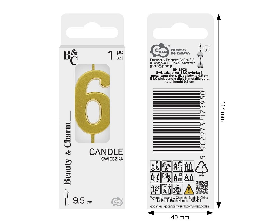 Świeczka piker B&C cyferka 6, metaliczna złota, dł. całkowita 9,5 cm