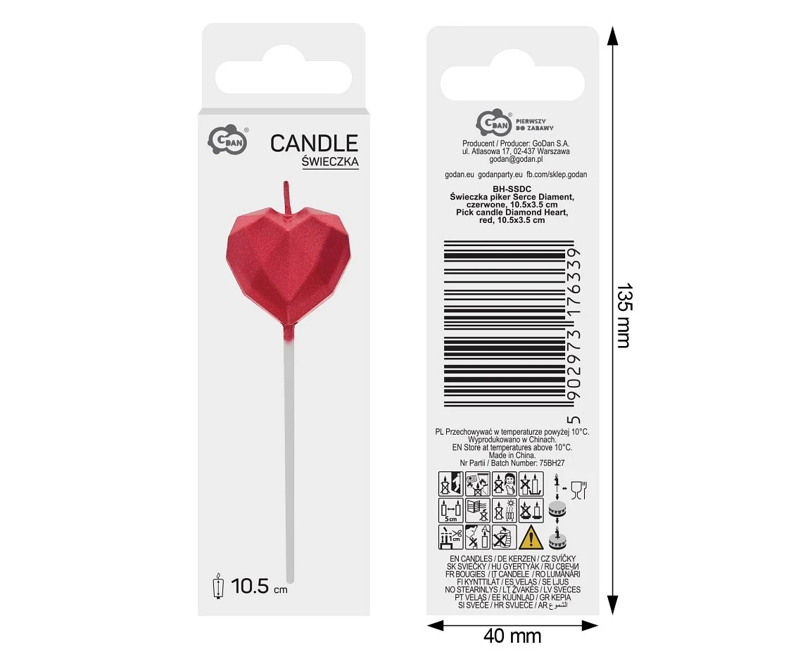 Świeczka piker Serce Diament, czerwone, dł. całkowita 10,5 cm