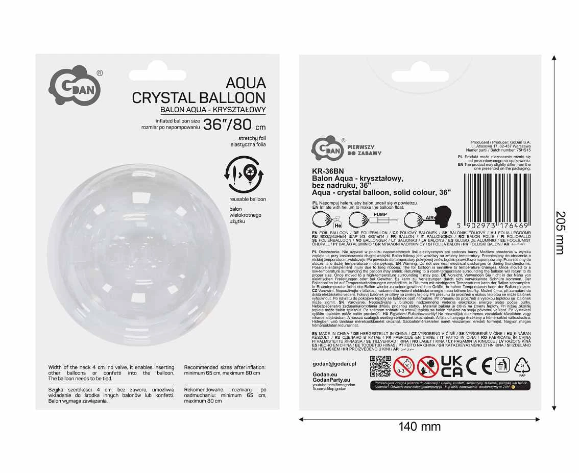 Balon Aqua - kryształowy, bez nadruku, 36" AA