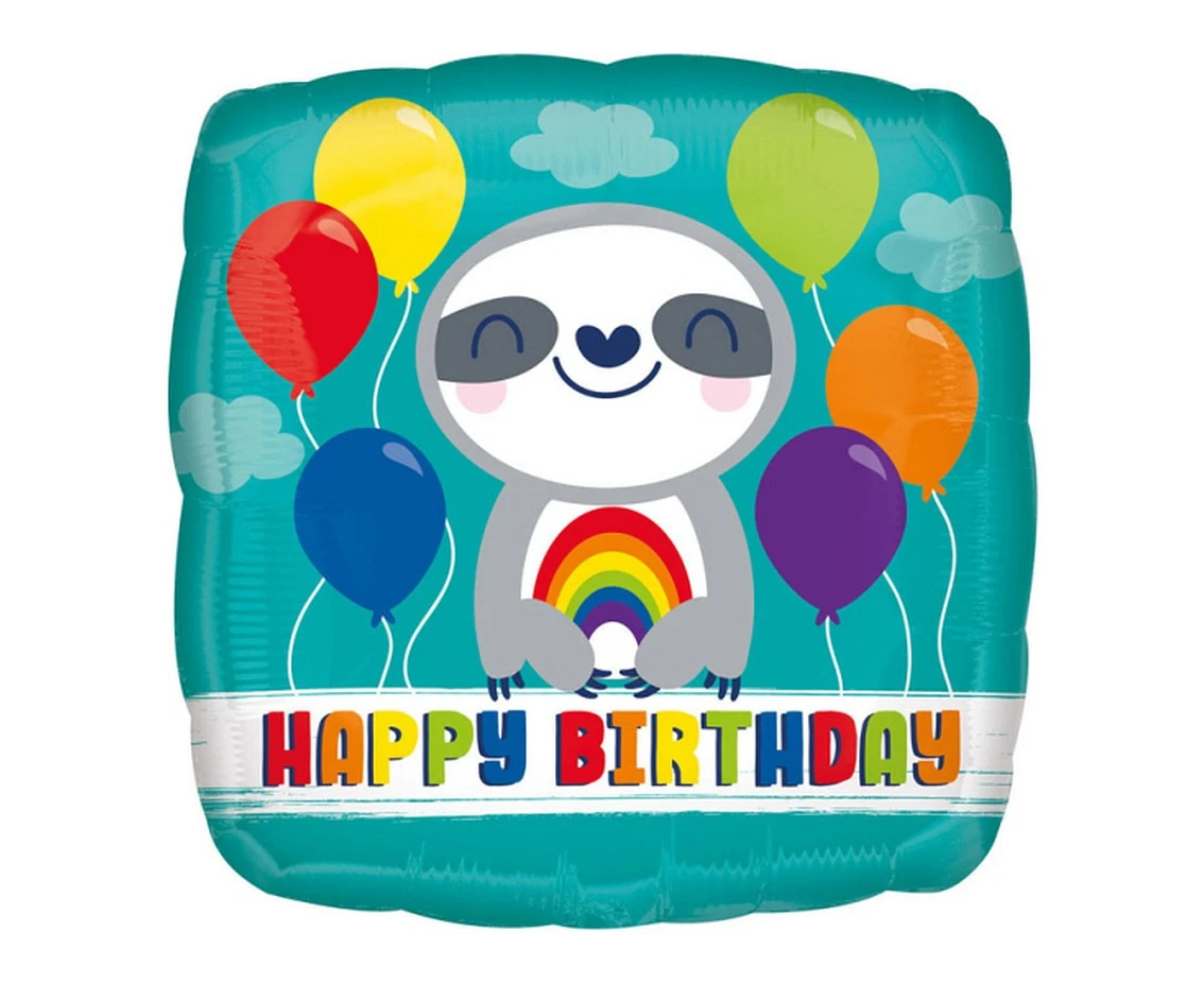 Balon foliowy 18" SQR "Happy Birthday" Leniwiec z tęczą, zapakowany KK