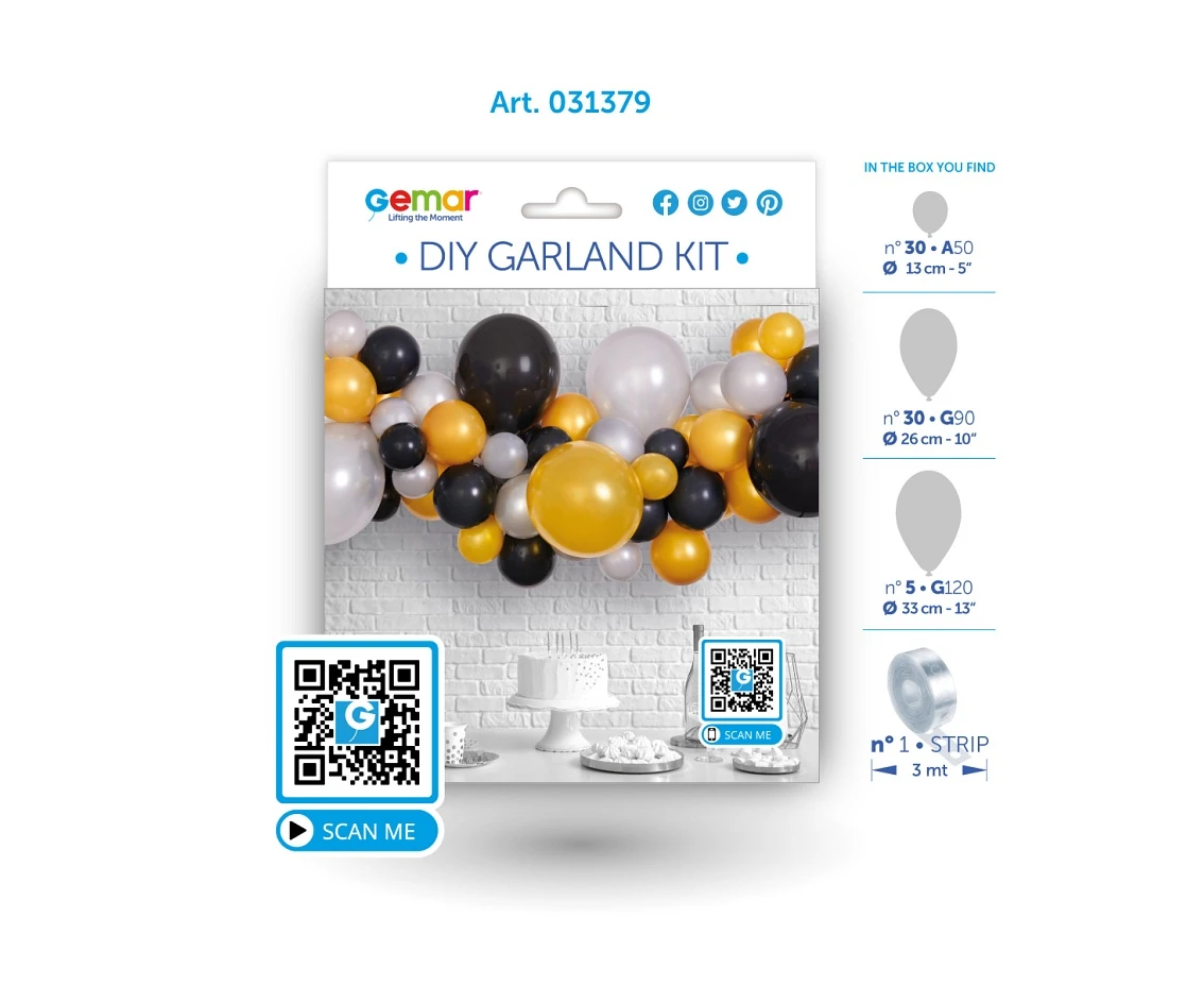 Girlanda balonowa DIY Srebrno-złoto-czarna, 65 szt.