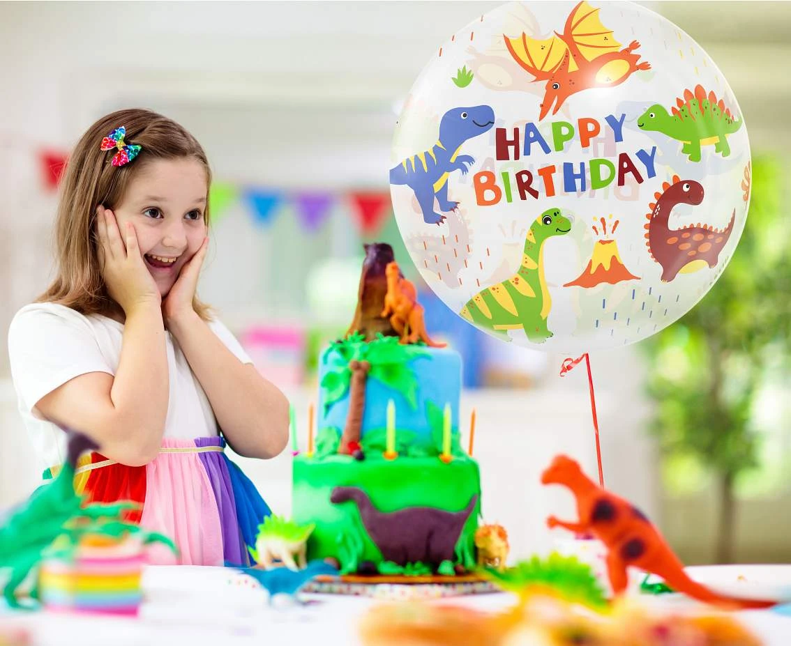 Balon Aqua - kryształowy, Happy Birthday (dinozaury), 20 cali KK