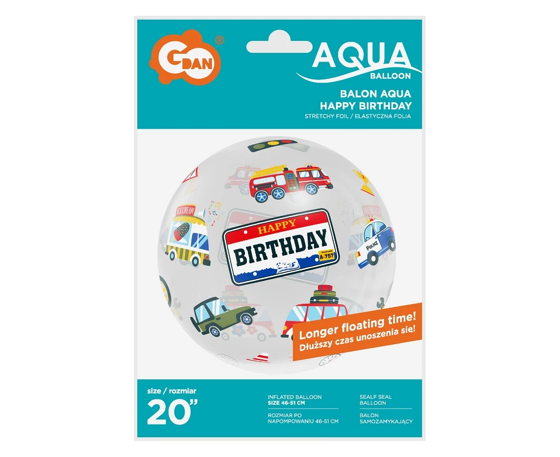Balon Aqua - kryształowy, Happy Birthday (pojazdy), 20 cali KK