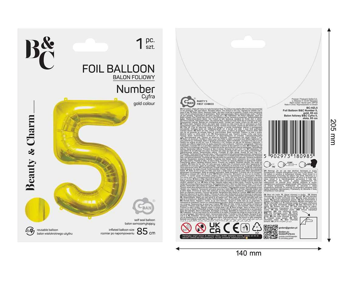 Balon foliowy B&C Cyfra 5, złota, 85 cm AA