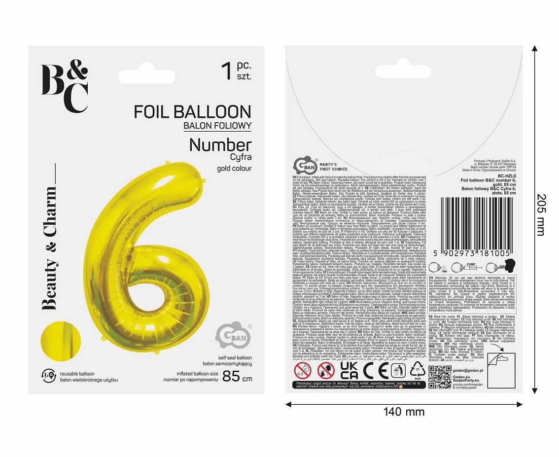 Balon foliowy B&C Cyfra 6, złota, 85 cm AA