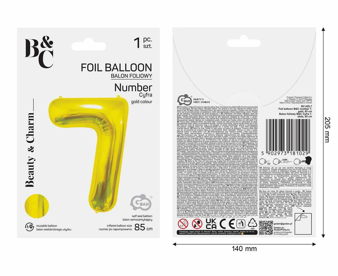 Balon foliowy B&C Cyfra 7, złota, 85 cm AA