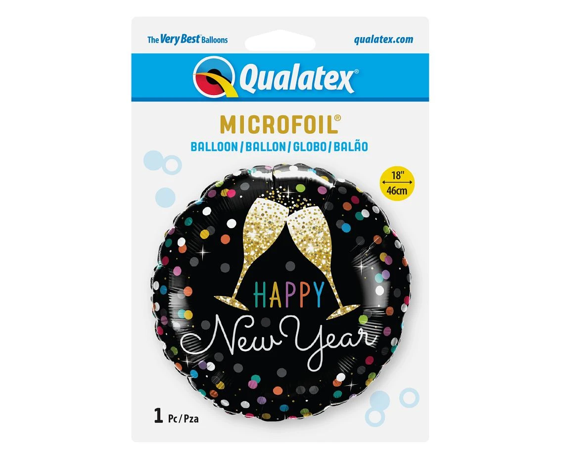 Balon foliowy 18" QL RND "Happy New Year" (kolorowe kropki i złote kieliszki) KK