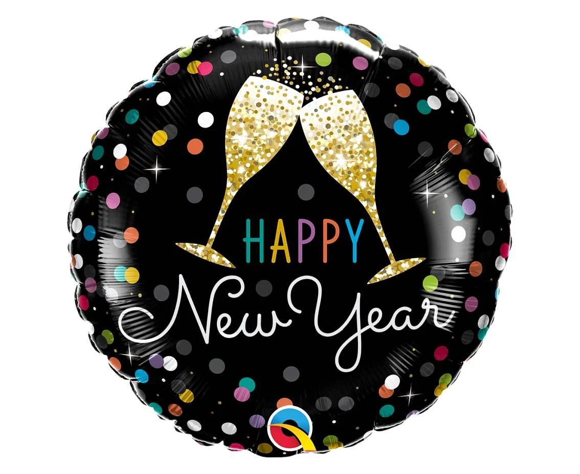 Balon foliowy 18" QL RND "Happy New Year" (kolorowe kropki i złote kieliszki) KK