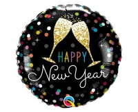 Balon foliowy 18" QL RND "Happy New Year" (kolorowe kropki i złote kieliszki) KK