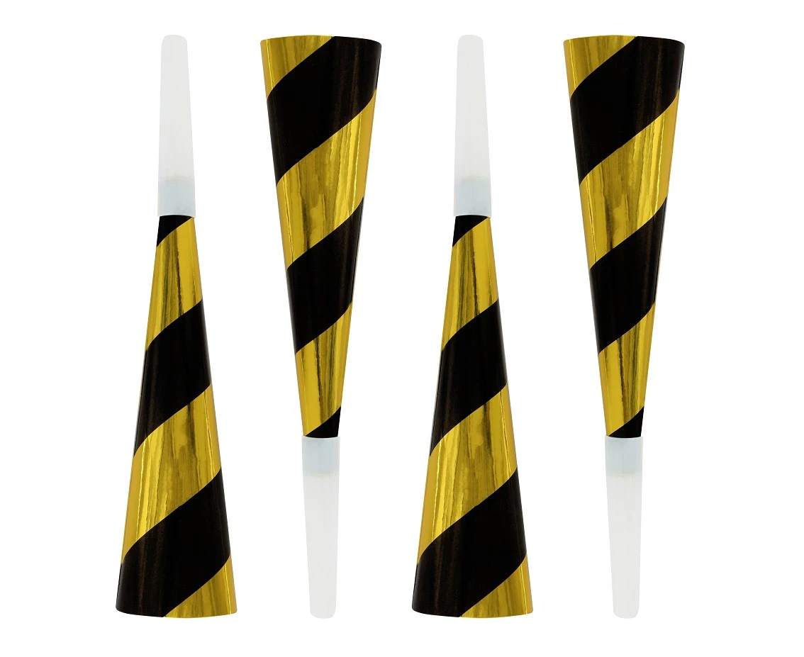Trąbki horn papierowe, złoto-czarne, 4 szt., 20 cm