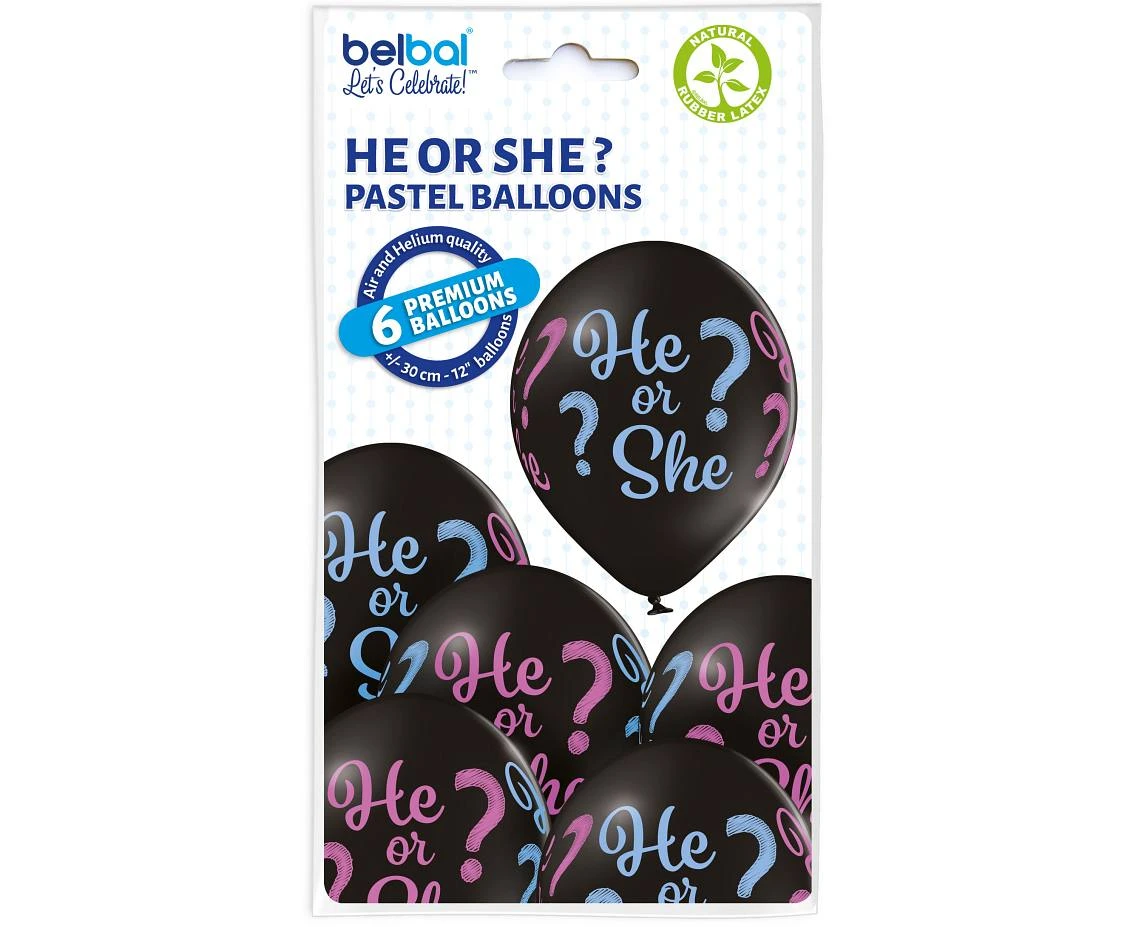Balony Belbal 12", D11, "He or She?" czarne, 6szt.