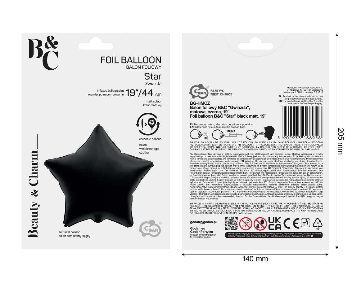 Balon foliowy B&C "Gwiazda", matowa, czarna, 19" KK