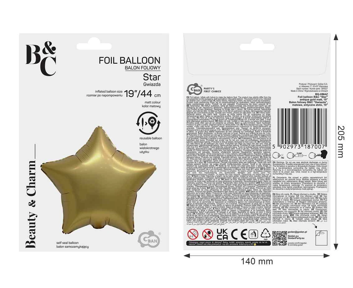 Balon foliowy B&C Gwiazda, matowa, antyczne złoto, 19 cali