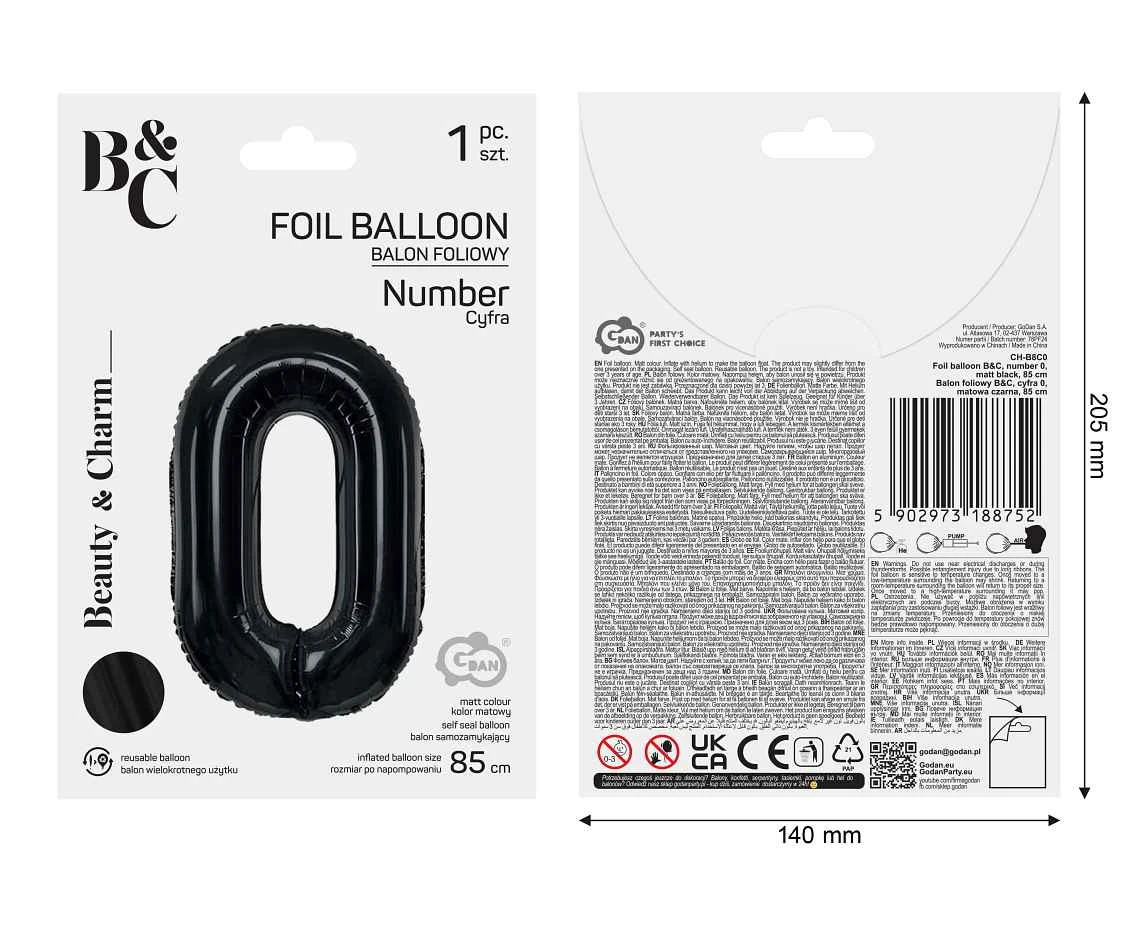 Balon foliowy B&C, cyfra 0, matowa czarna, 85 cm