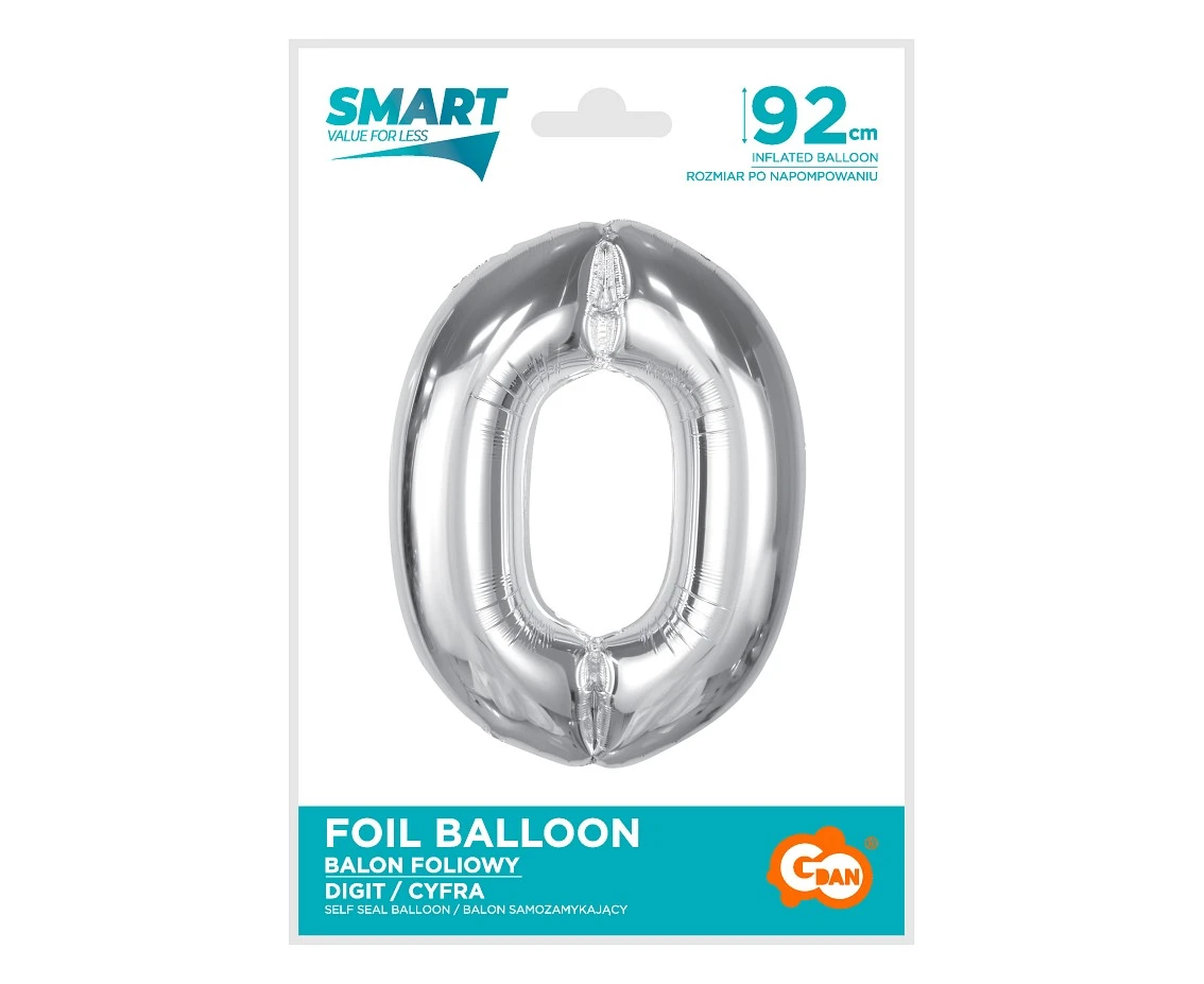 Balon foliowy Smart, cyfra 0, srebrna, 92 cm KK