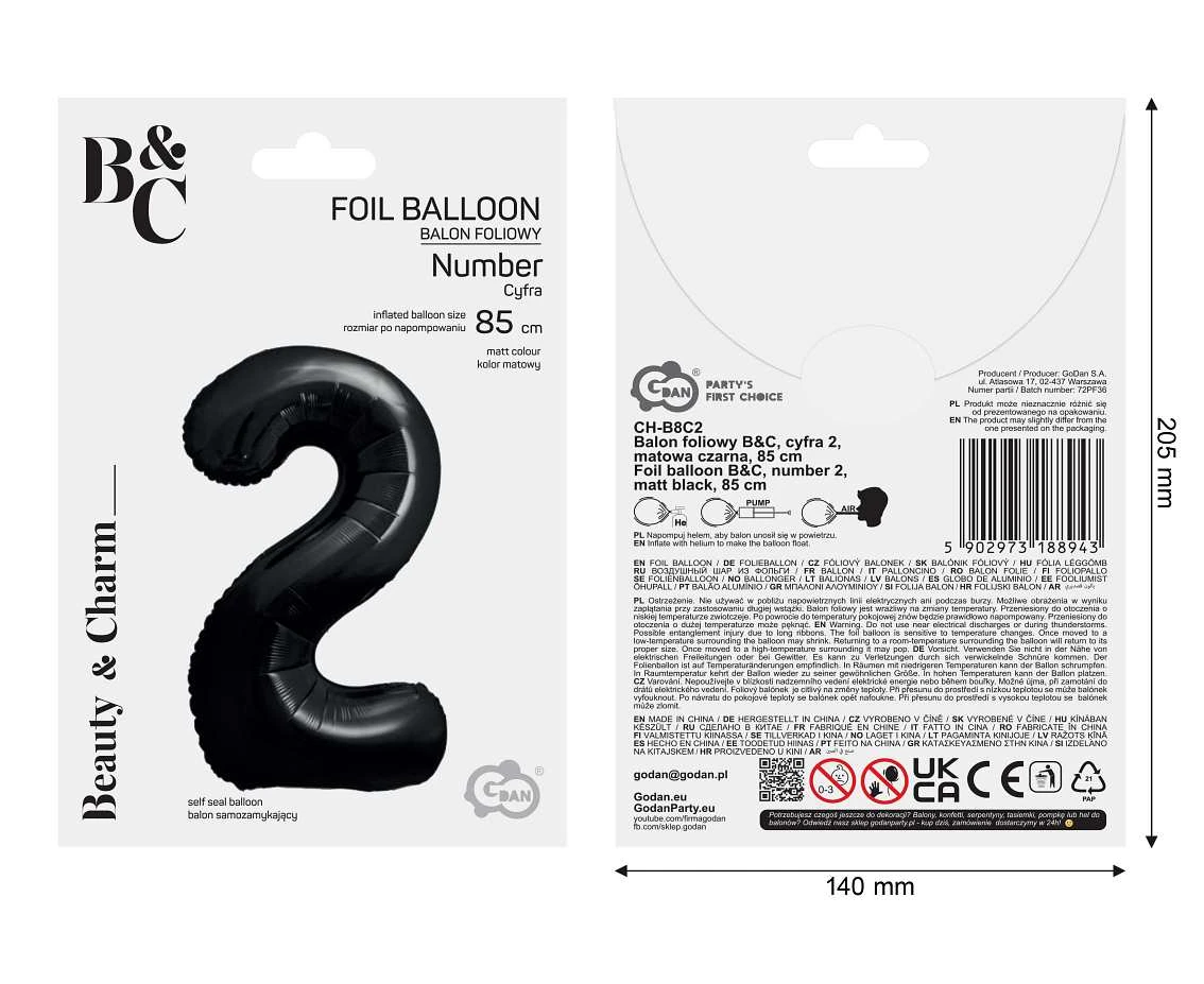 Balon foliowy B&C, cyfra 2, matowa czarna, 85 cm
