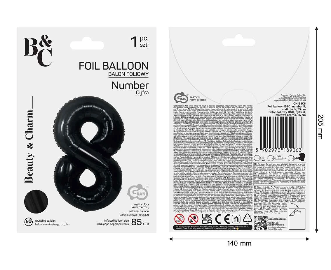 Balon foliowy B&C, cyfra 8, matowa czarna, 85 cm