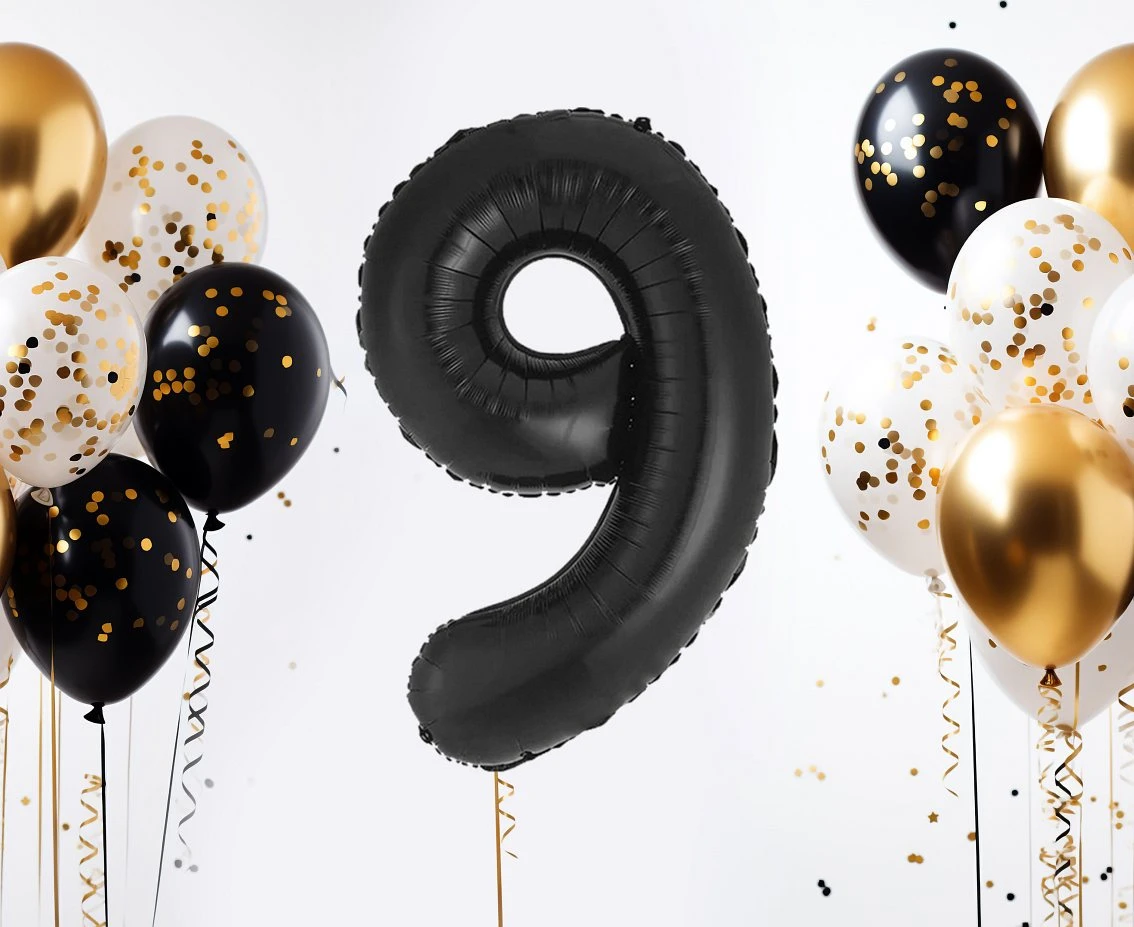 Balon foliowy B&C, cyfra 9, matowa czarna, 85 cm